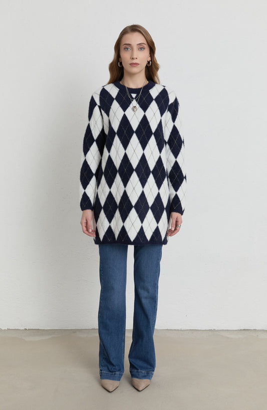 Baklava Desen Lacivert Ekru Yumoş Triko Kazak