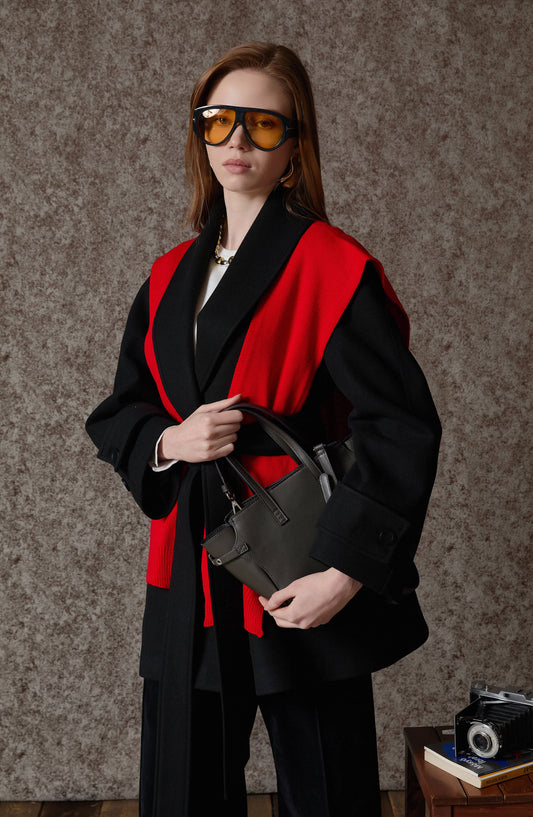 Kruvaze Siyah Kaşe Ceket Kaban