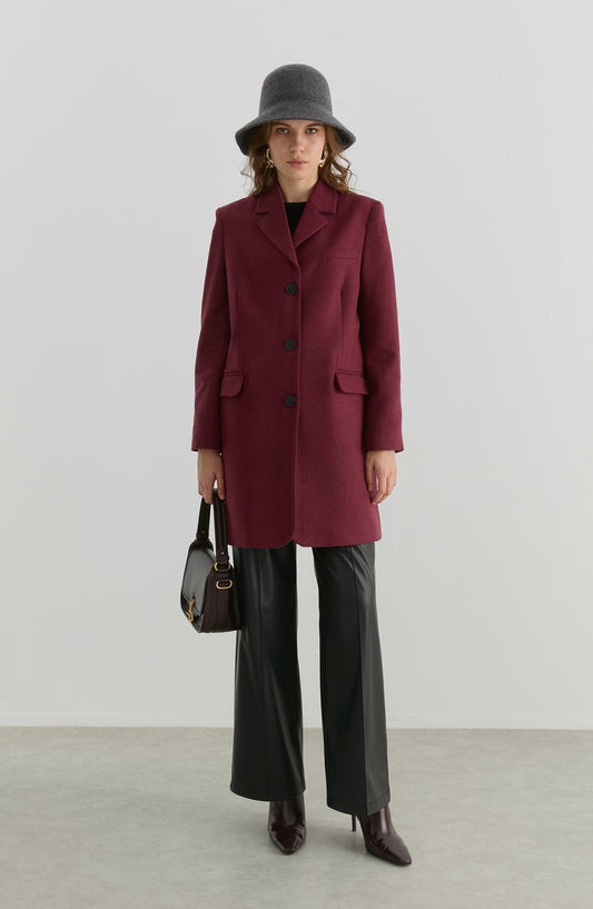 Yırtmaçlı Vişne Kaşe Ceket Kaban