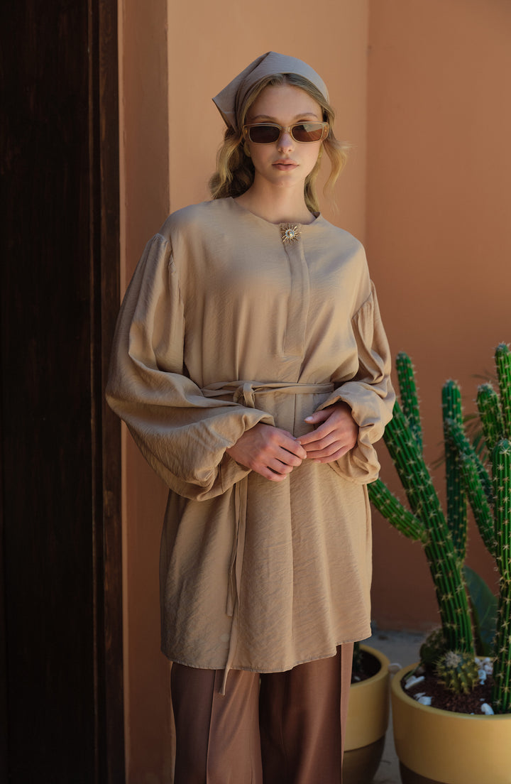 Balon Kol Sunshine Sütlü Kahve Tunik