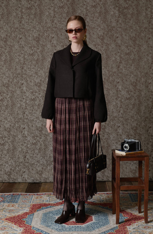 Kemerli Crash Acı Kahve Ekose Şifon Etek