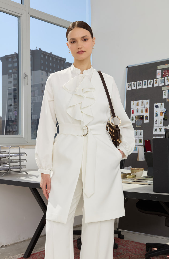 Double Kemerli Ekru Yelek