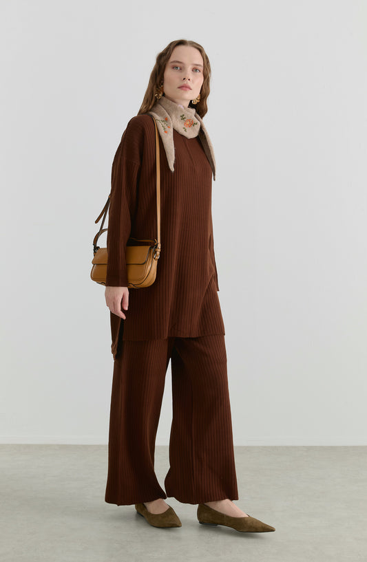 Fermuarlı Fitilli Acı Kahve Triko İkili Takım