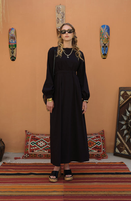 Tünel Büzgülü Siyah Pamuk Elbise