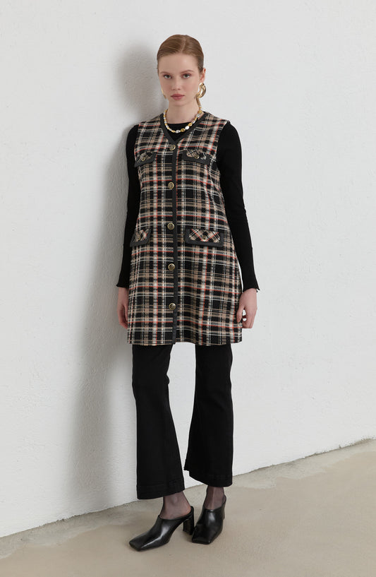 Deri Biyeli Sütlü Kahve Ekose Tüvit Yelek