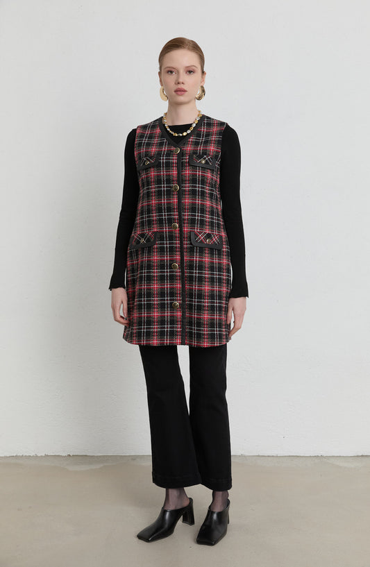 Deri Biyeli Bordo Ekose Tüvit Yelek