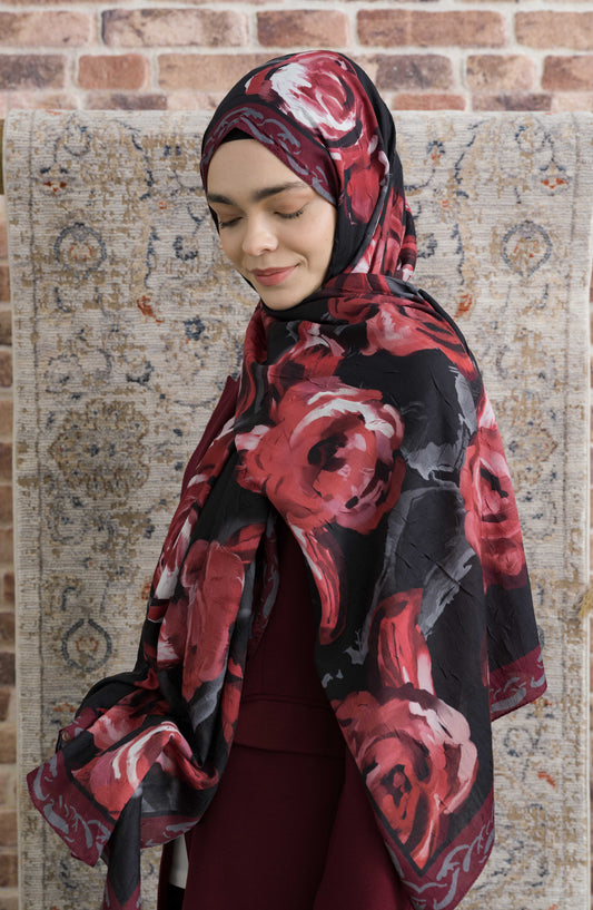 Rose Desenli Siyah Bordo Crash Şal
