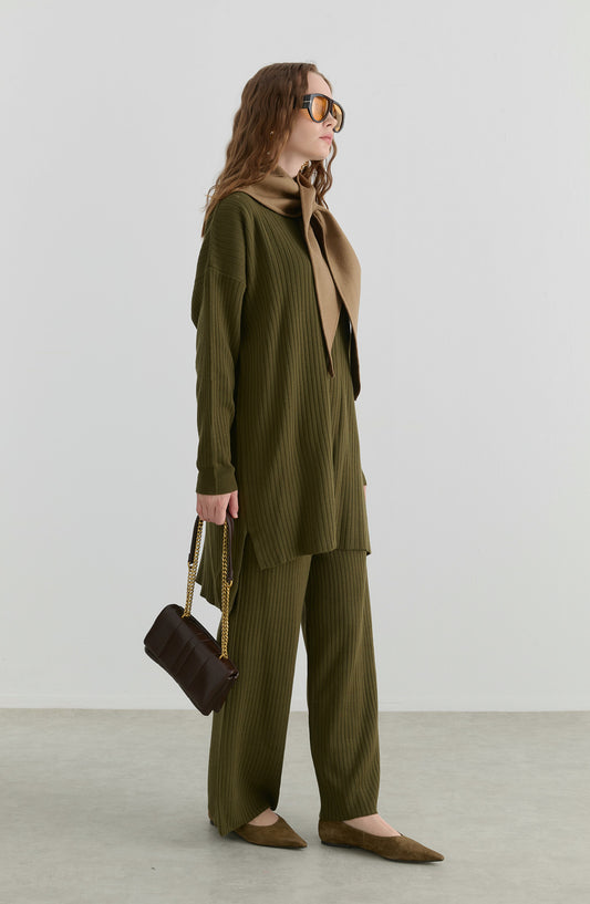 Fermuarlı Fitilli Haki Triko İkili Takım