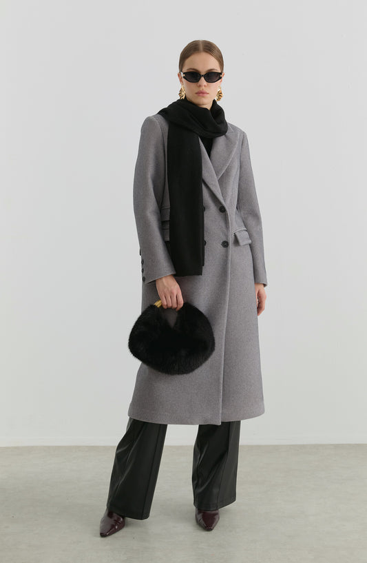 Maksi Tay Tüyü Gri Ceket Kaban