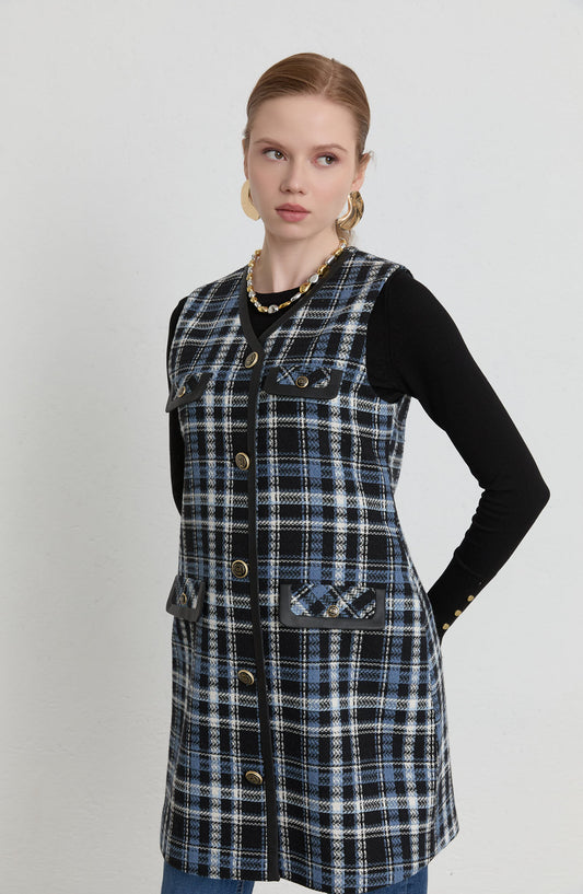 Deri Biyeli İndigo Ekose Tüvit Yelek