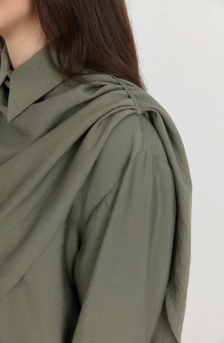Şal Detaylı Haki Rayon Gömlek