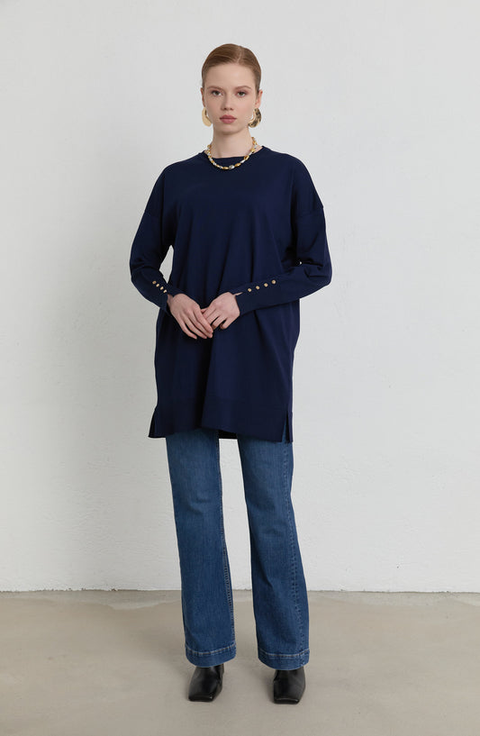 Gold Düğmeli Lacivert Basic Merserize Triko Kazak