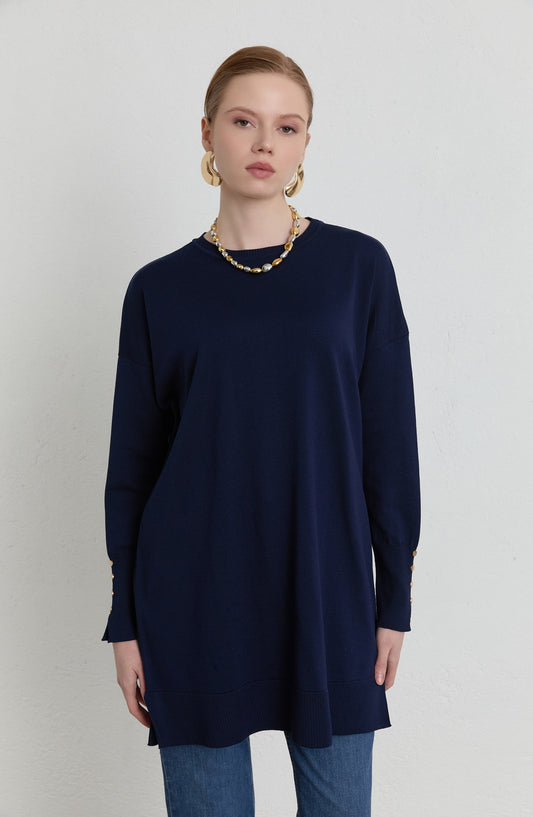 Gold Düğmeli Lacivert Basic Merserize Triko Kazak