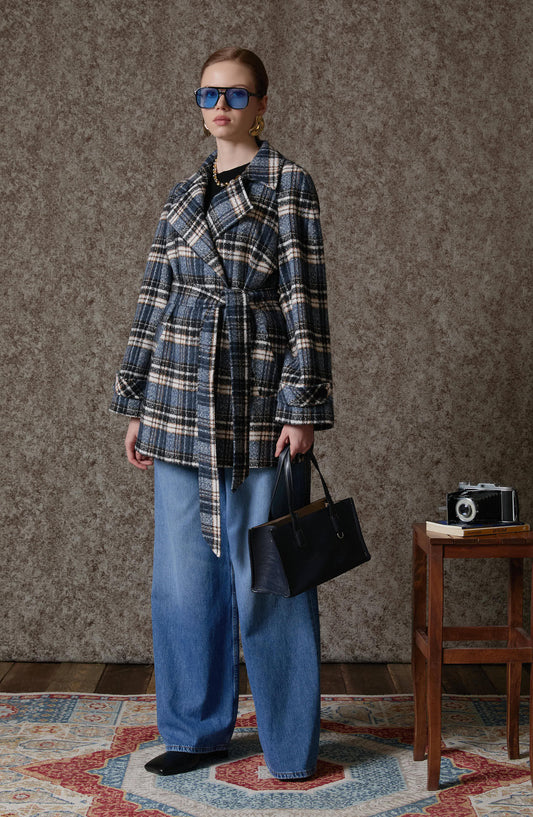 Ekose Kaşe Bağlamalı Lacivert Midi Ceket Kaban