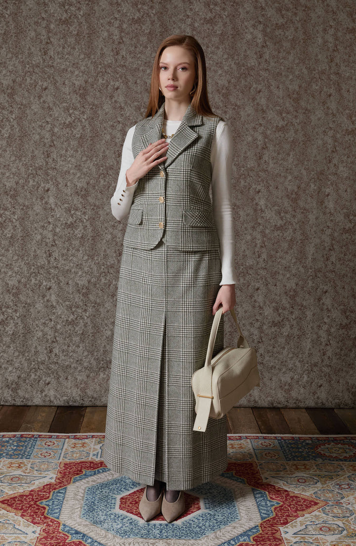 Ekose Kazayağı Blazer Haki Yelek Etek Takım