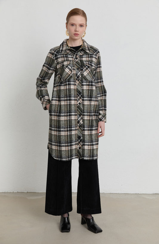 Körük Cepli Haki Ekose Kaşe Gömlek Ceket