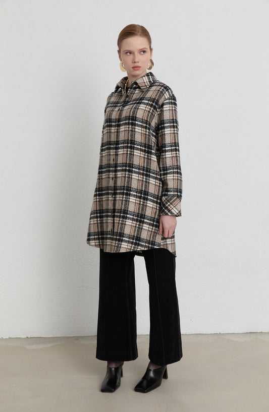 Oversize Taş Ekose Kaşe Gömlek Ceket