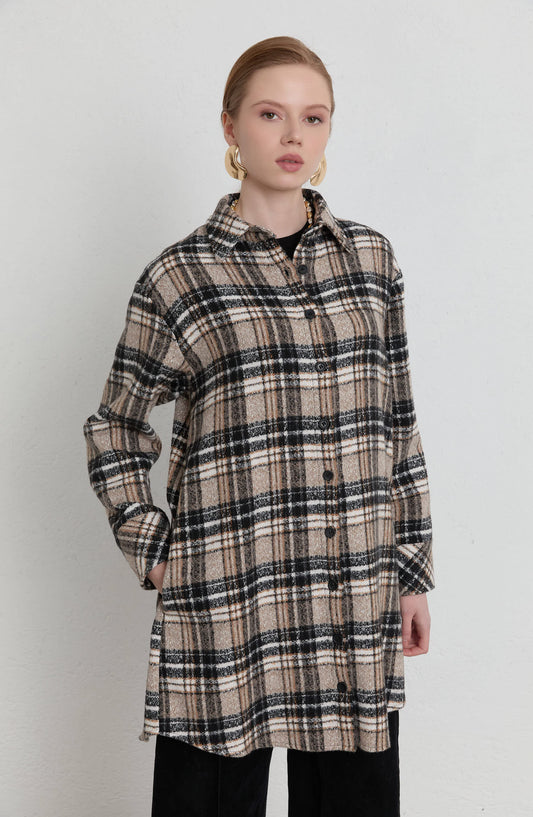 Oversize Taş Ekose Kaşe Gömlek Ceket