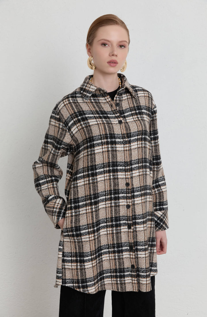 Oversize Taş Ekose Kaşe Gömlek Ceket