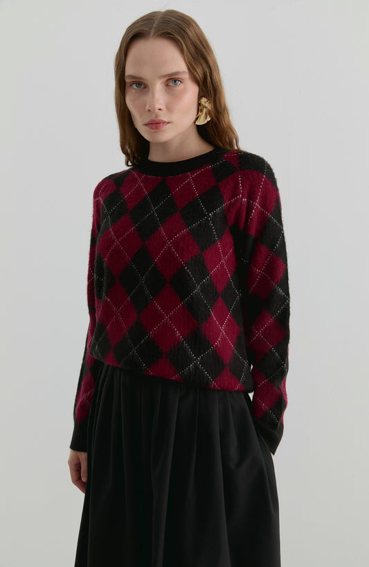 Baklava Desen Siyah-Bordo Yumoş Triko Kazak