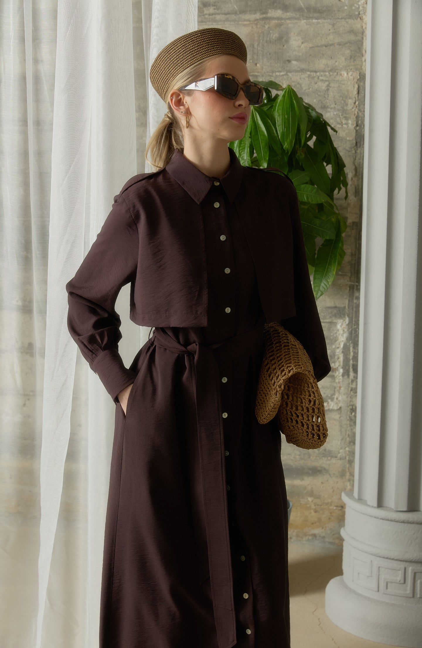 Rüzgarlıklı Giy-Çık Acı Kahve Rayon Trenç Elbise