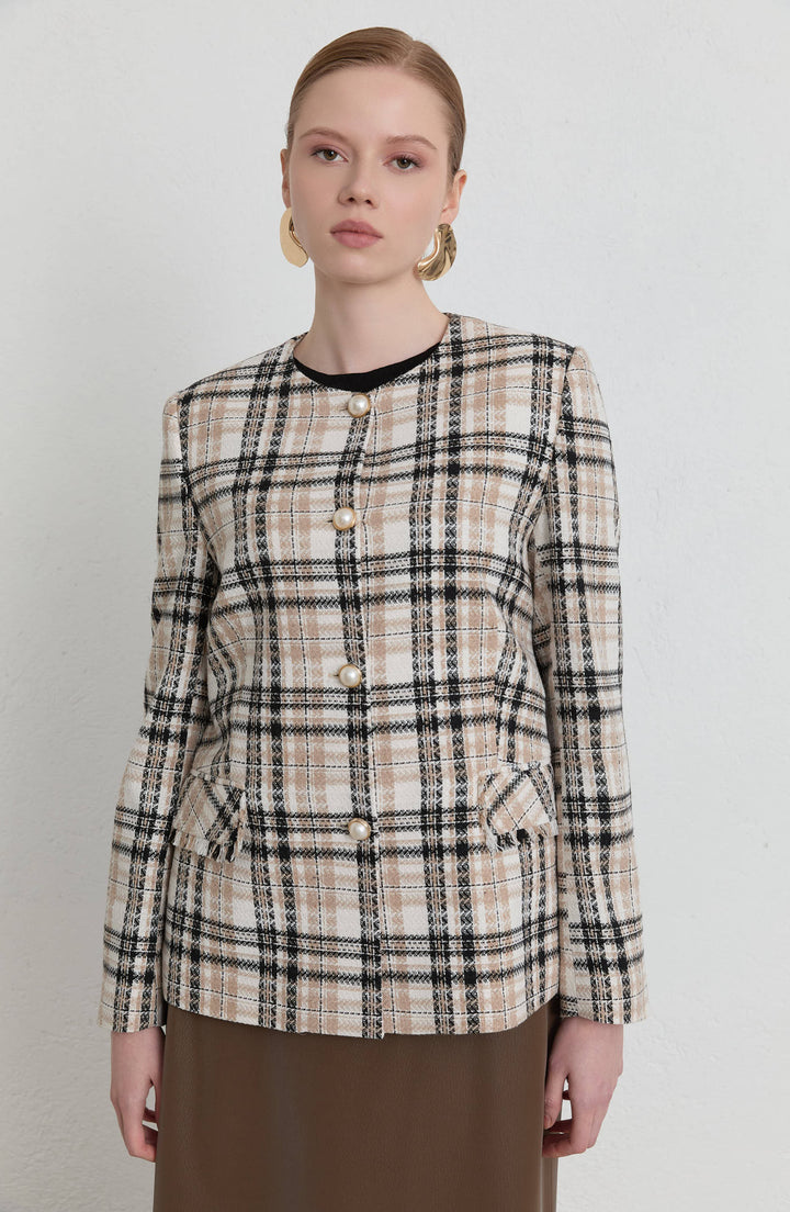 Kuplu Ekose Taş Tüvit Ceket