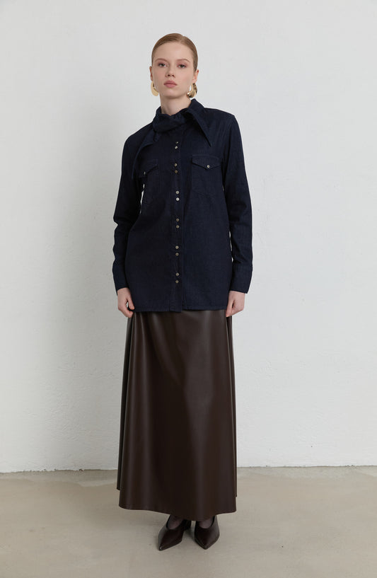 Bağlama Detaylı Lacivert Denim Gömlek