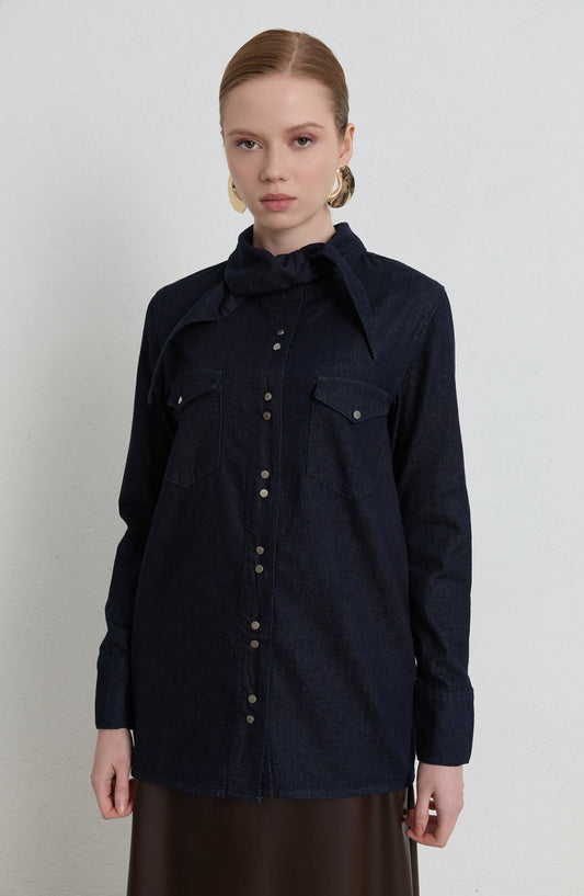 Bağlama Detaylı Lacivert Denim Gömlek