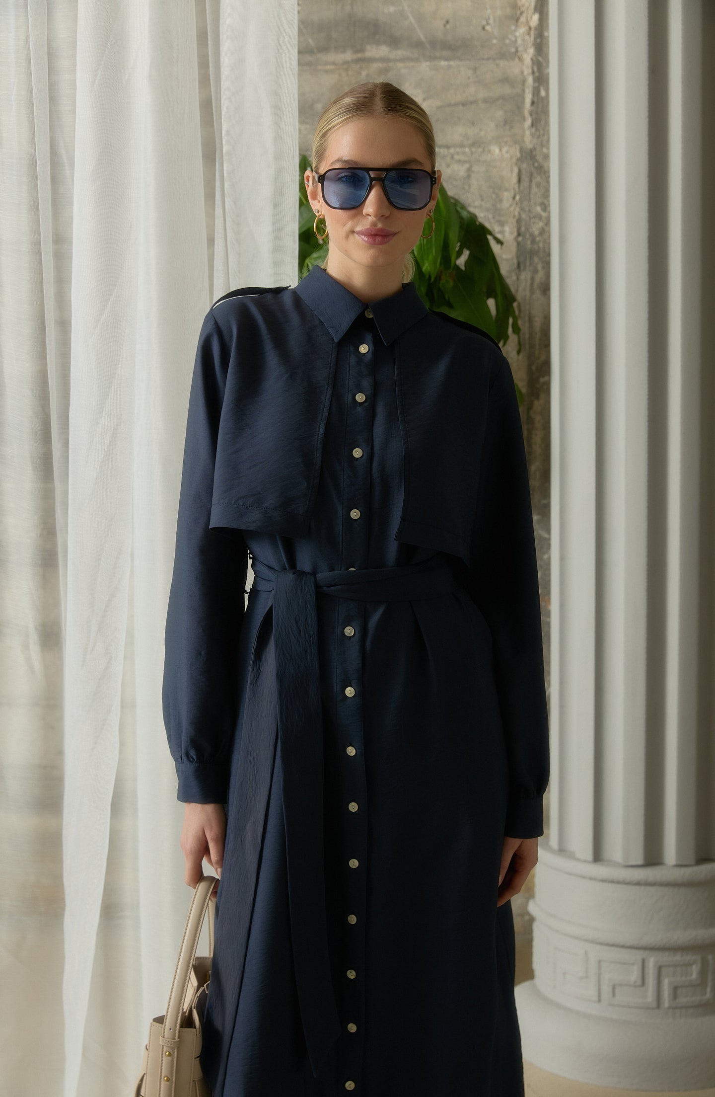 Rüzgarlıklı Giy-Çık Lacivert Rayon Trenç Elbise