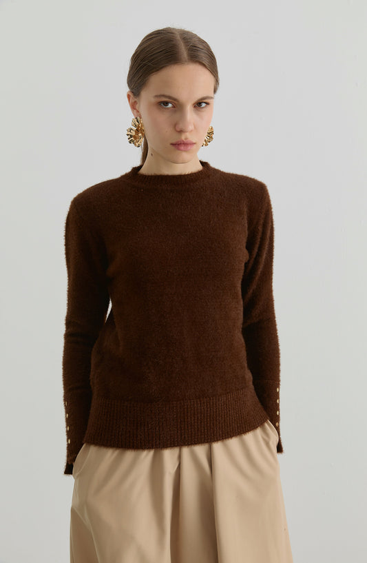 Gold Düğmeli Acı Kahve Kısa Basic Yumoş Triko Kazak