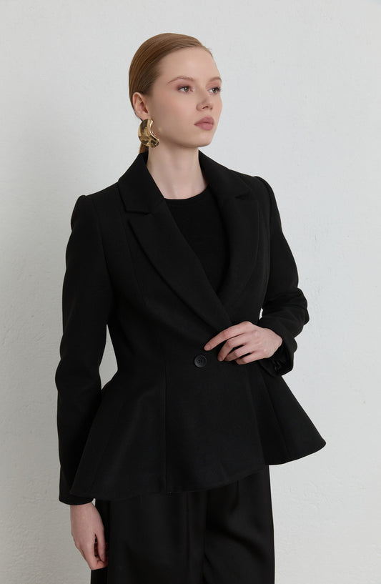 Peplumlu Siyah Kaşmir Kaşe Ceket