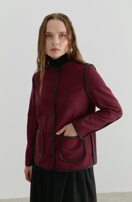 Deri Biyeli Vişne Midi Ceket