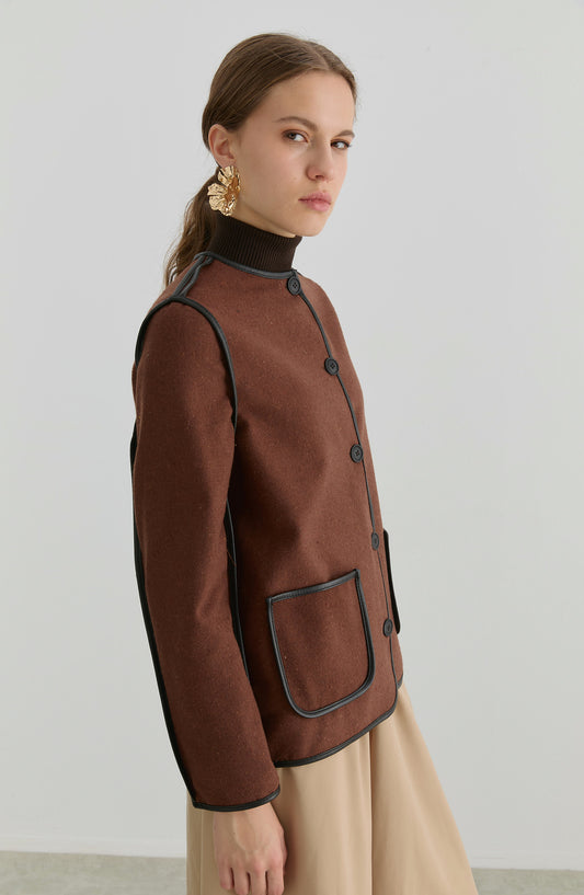 Deri Biyeli Çikolata Kahve Midi Ceket