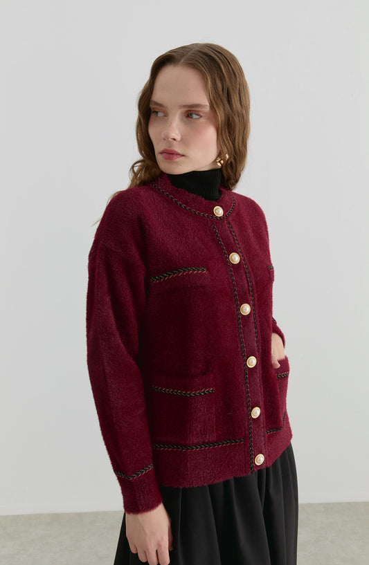 İnci Düğmeli Bordo Yumoş Triko Hırka