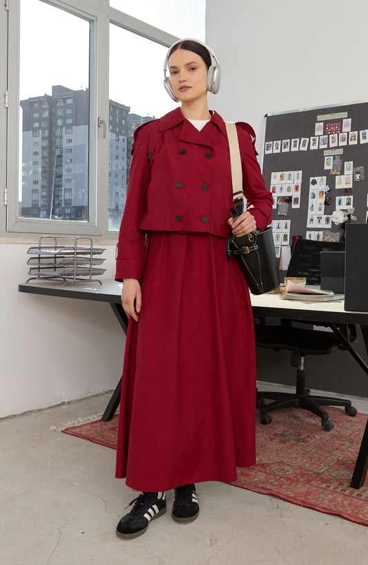 Oversize Bordo Kısa Trençkot