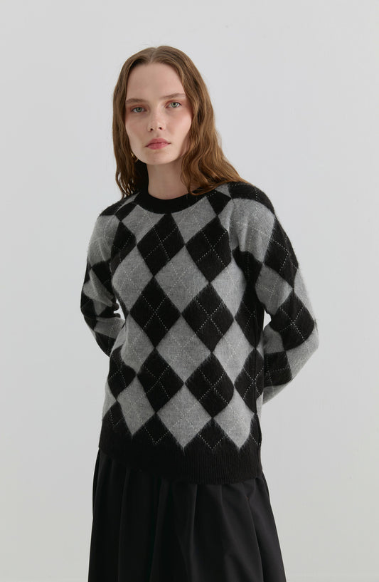 Baklava Desen Siyah-Gri Yumoş Triko Kazak