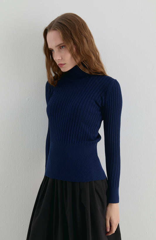 Basic Balıkçı Yaka Lacivert Fitilli Triko Kazak