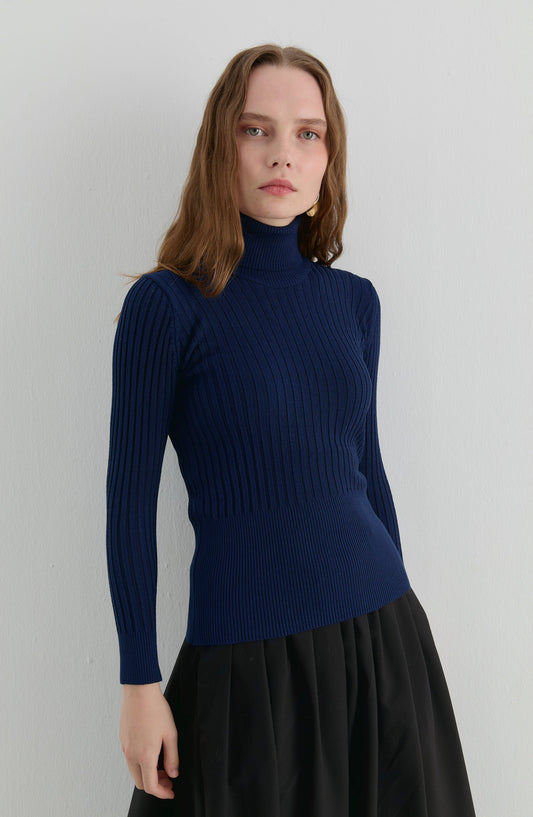 Basic Balıkçı Yaka Lacivert Fitilli Triko Kazak