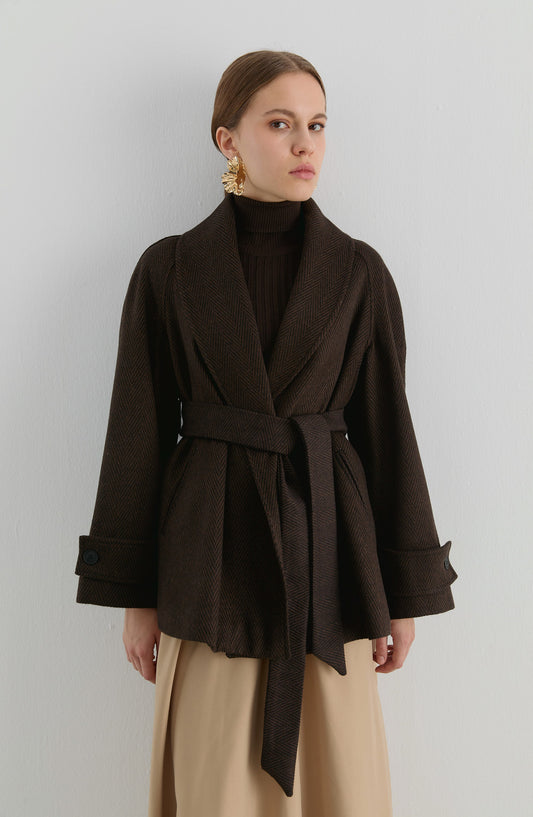 Kruvaze Taba Balıksırtı Midi Ceket Kaban