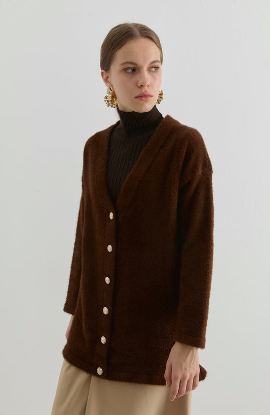 V Yaka Acı Kahve Yumoş Triko Hırka