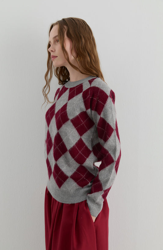 Baklava Desen Gri-Bordo Yumoş Triko Kazak