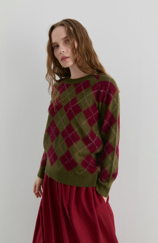 Baklava Desen Haki-Bordo Yumoş Triko Kazak