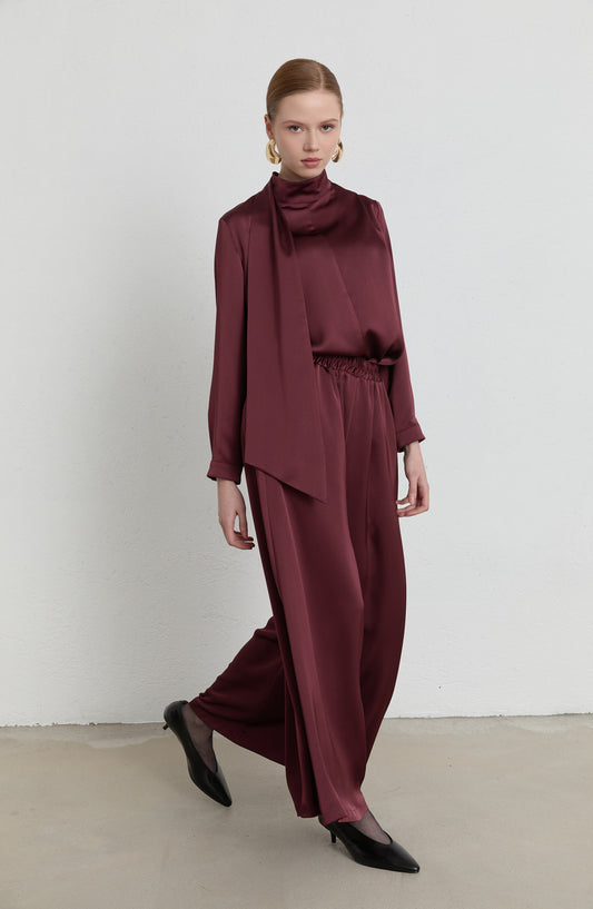 Saten Vişne Pantolon Etek