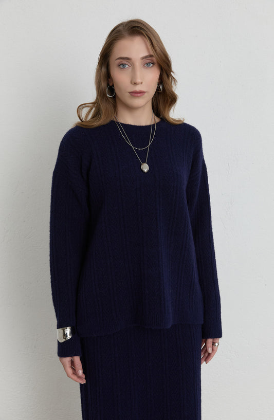 Örgü Desen Lacivert Yumoş Triko Etekli İkili Takım