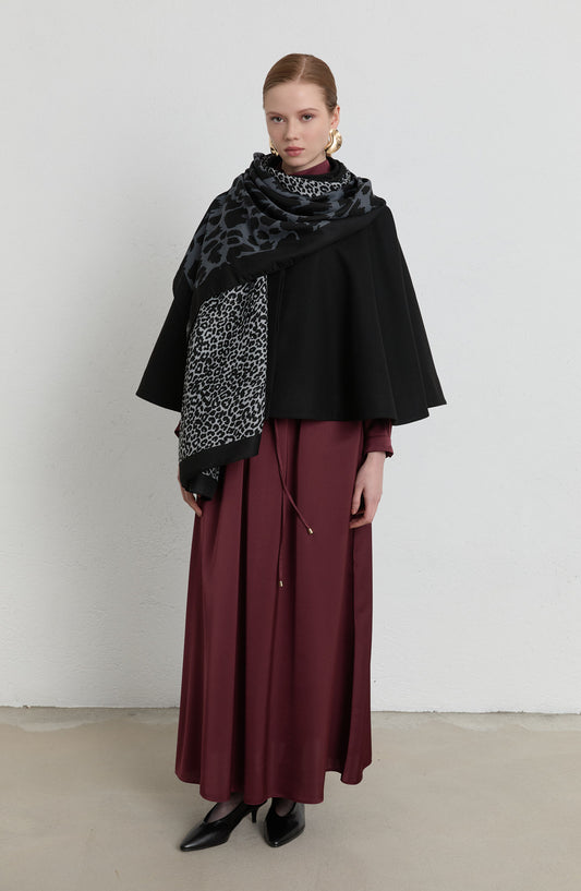 Patchwork Çift Leopar Desenli Siyah Şal
