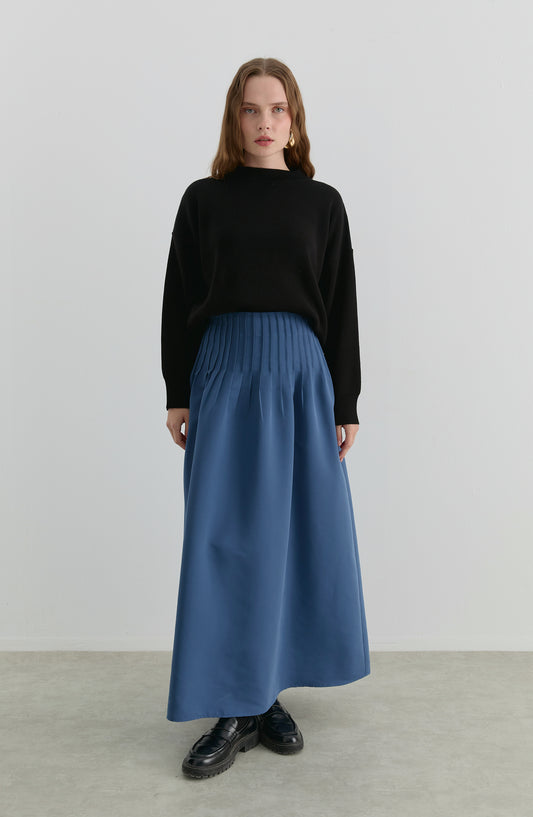 Nervürlü İndigo Trenç Etek