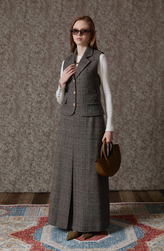 Ekose Kazayağı Blazer Vizon Yelek Etek Takım