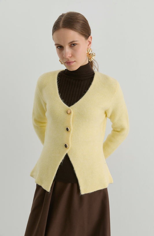 Gold Düğmeli Butter Sarı Yumoş Triko Hırka