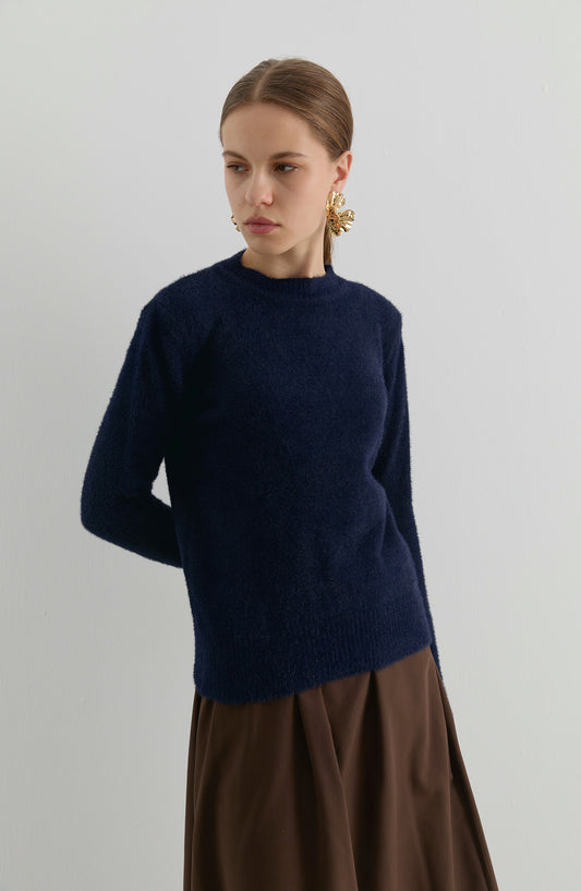 Gold Düğmeli Koyu Lacivert Kısa Basic Yumoş Triko Kazak