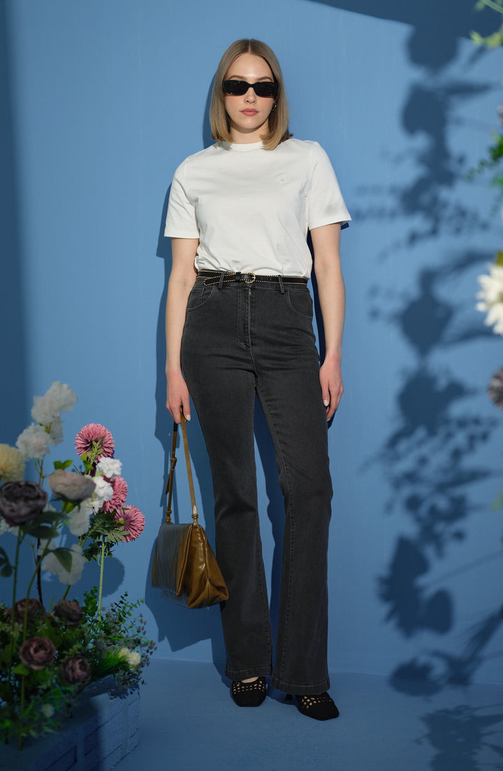 Flare Gri Denim Pantolon